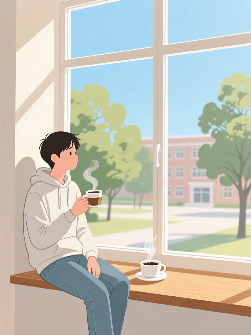 A university student enjoying a quiet cup of coffee by a window on a sunny morning.