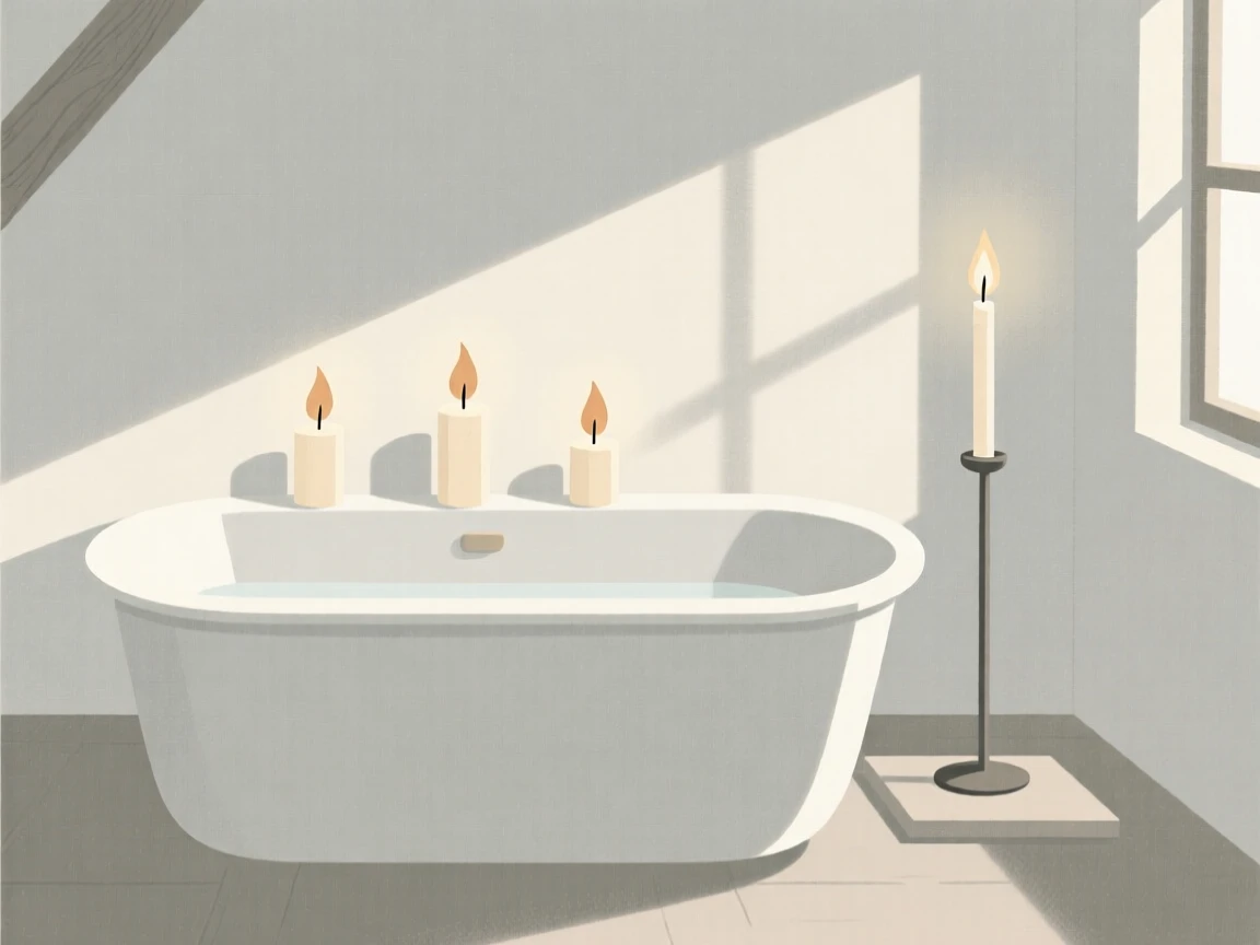 A morning scene of bathtub with candles resting in a countryside cottage beside a lit candle, radiating calm comfort.