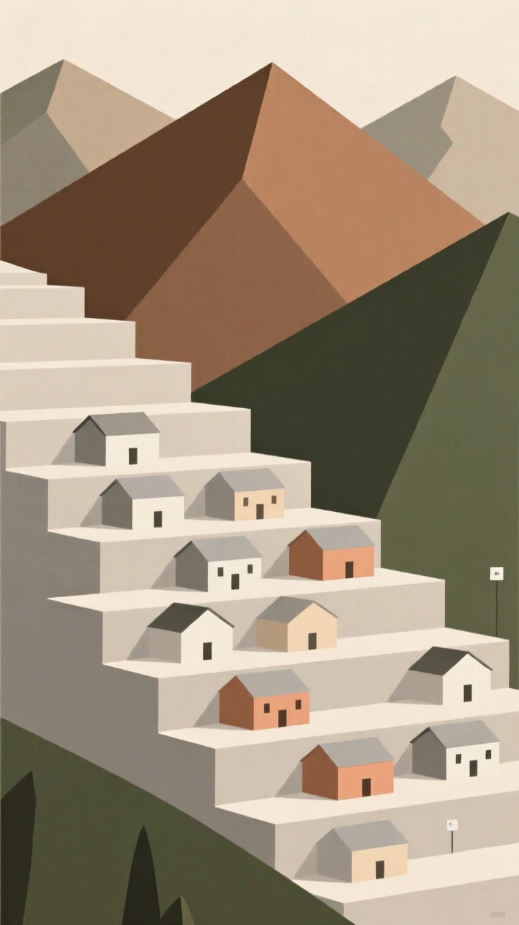A terraced hillside village in the mountains