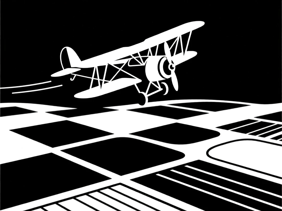 A small biplane flying over patchwork farmland.