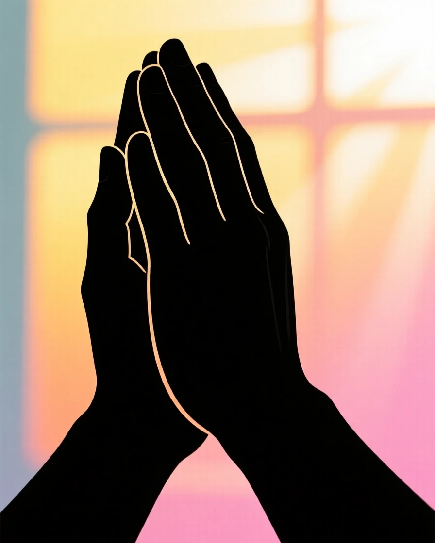 Two hands pressed together in a gesture of prayer, bathed in soft window light.