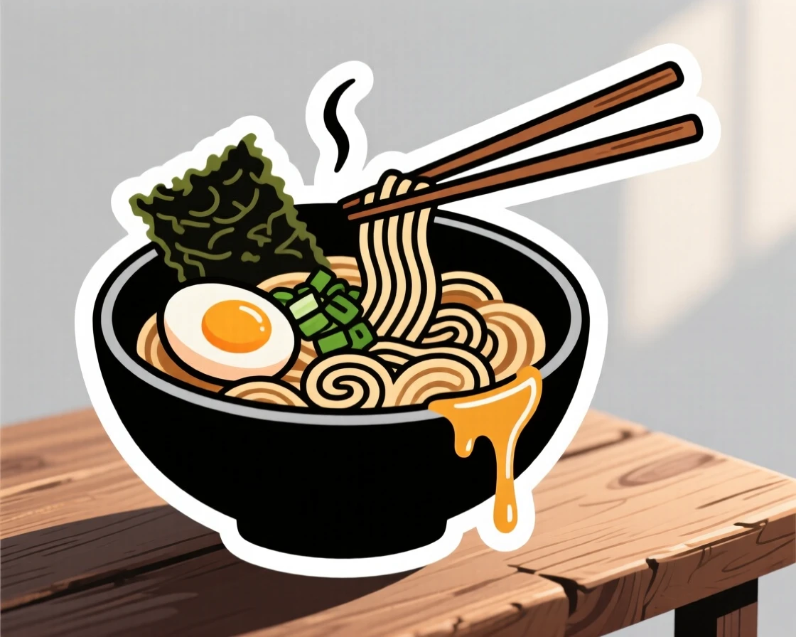 A mouthwatering bowl of ramen noodles with chopsticks, with honey drizzling down the side, on a rustic wooden table with soft morning light.