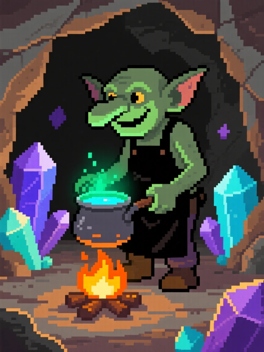 A cheerful goblin blacksmith brewing a glowing potion over a small fire, within a hidden cave full of crystals.