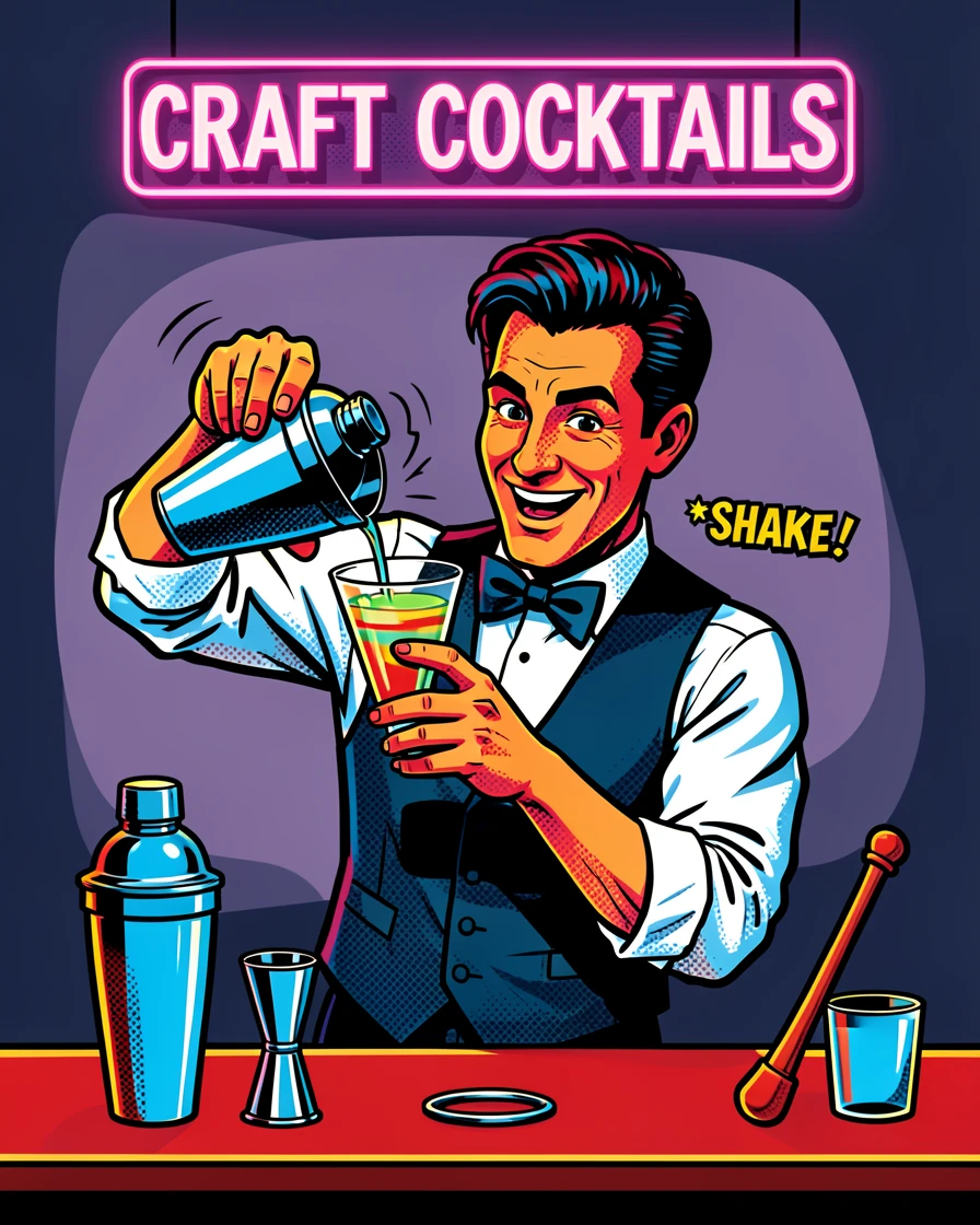 A mixologist crafting an elaborate cocktail behind a dimly lit bar