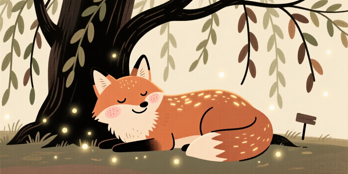 A fox with glowing markings rests beneath a ancient willow in an hidden magical glade, surrounded by drifting motes of light that drifts gently through the air.