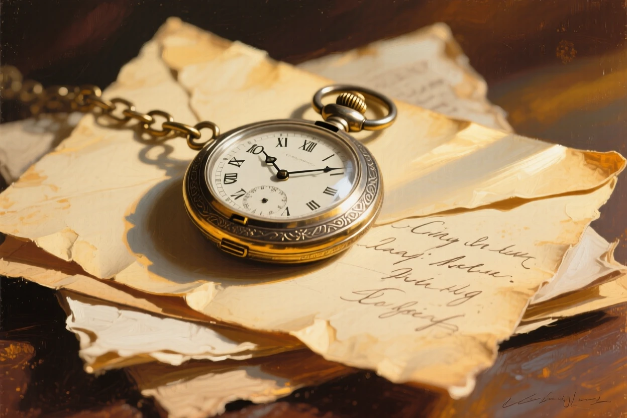 An intimate close-up of an antique pocket watch resting on a stack of old letters, at midday.