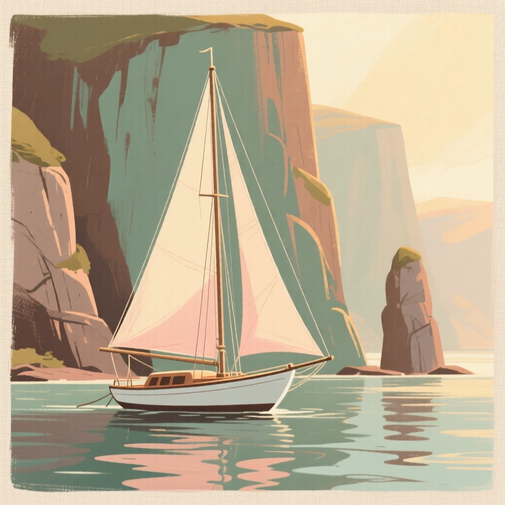 A sailboat anchored in a quiet cove beneath tall cliffs