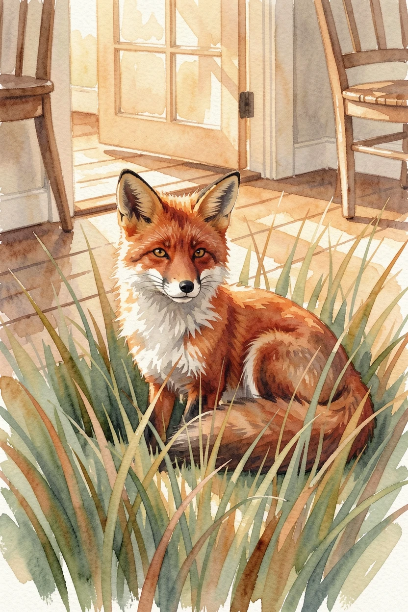A red fox in tall grass in a warm farmhouse setting with its ears perked up.