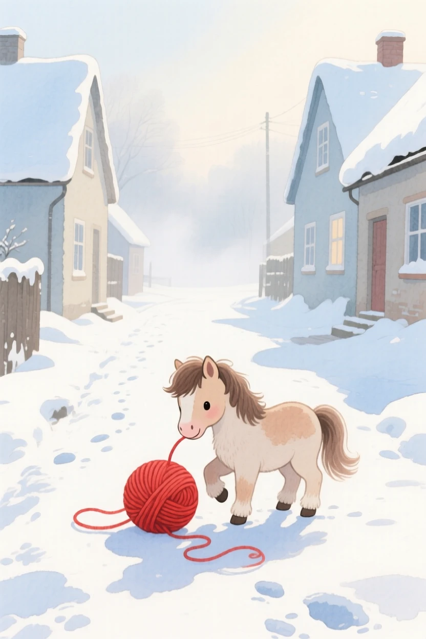 A miniature pony plays with a ball of yarn in a snowy village lane, as morning mist rises in the background