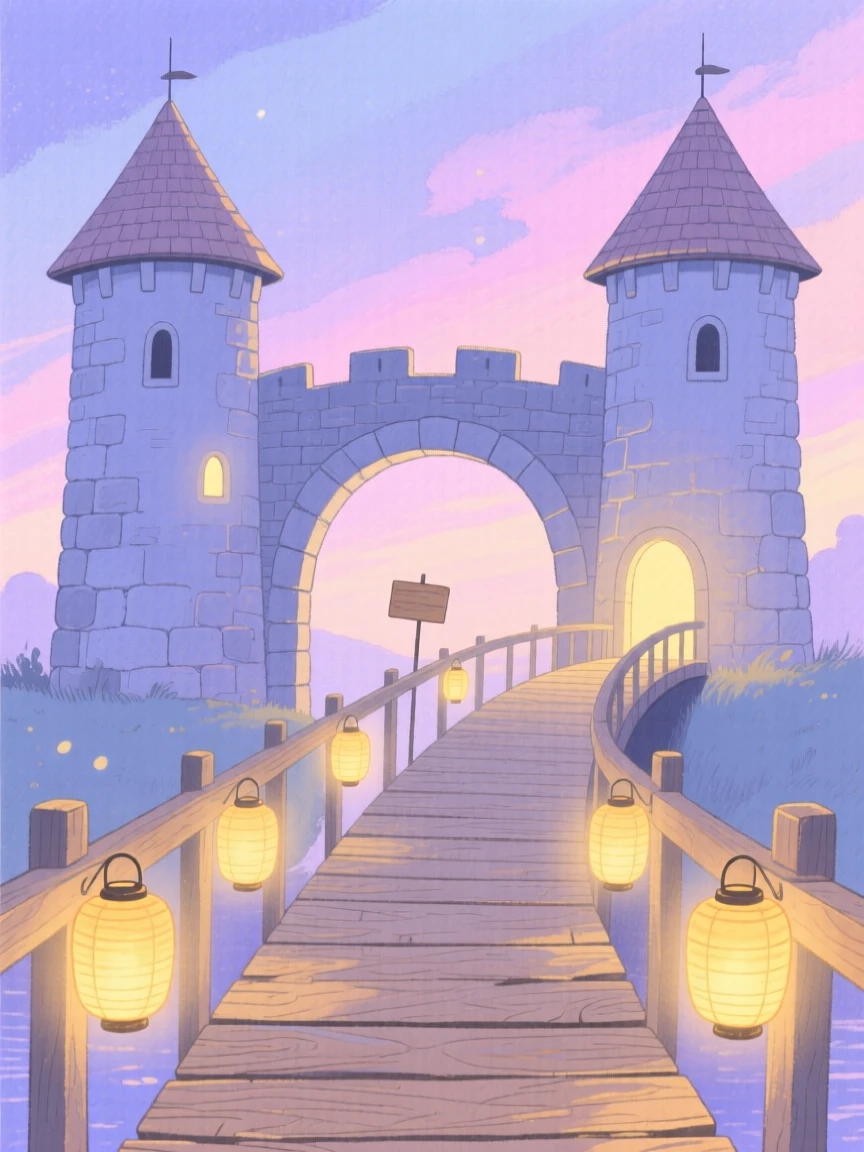 A glowing lantern-lit bridge between two towers, bathed in soft magical light.