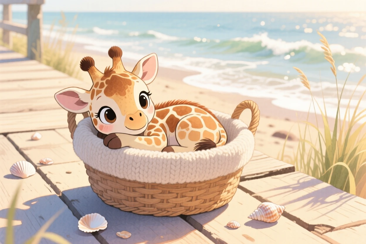 A baby giraffe curling up inside a knitted basket, set in a seaside boardwalk at golden hour, sparking a feeling of tender nostalgia.