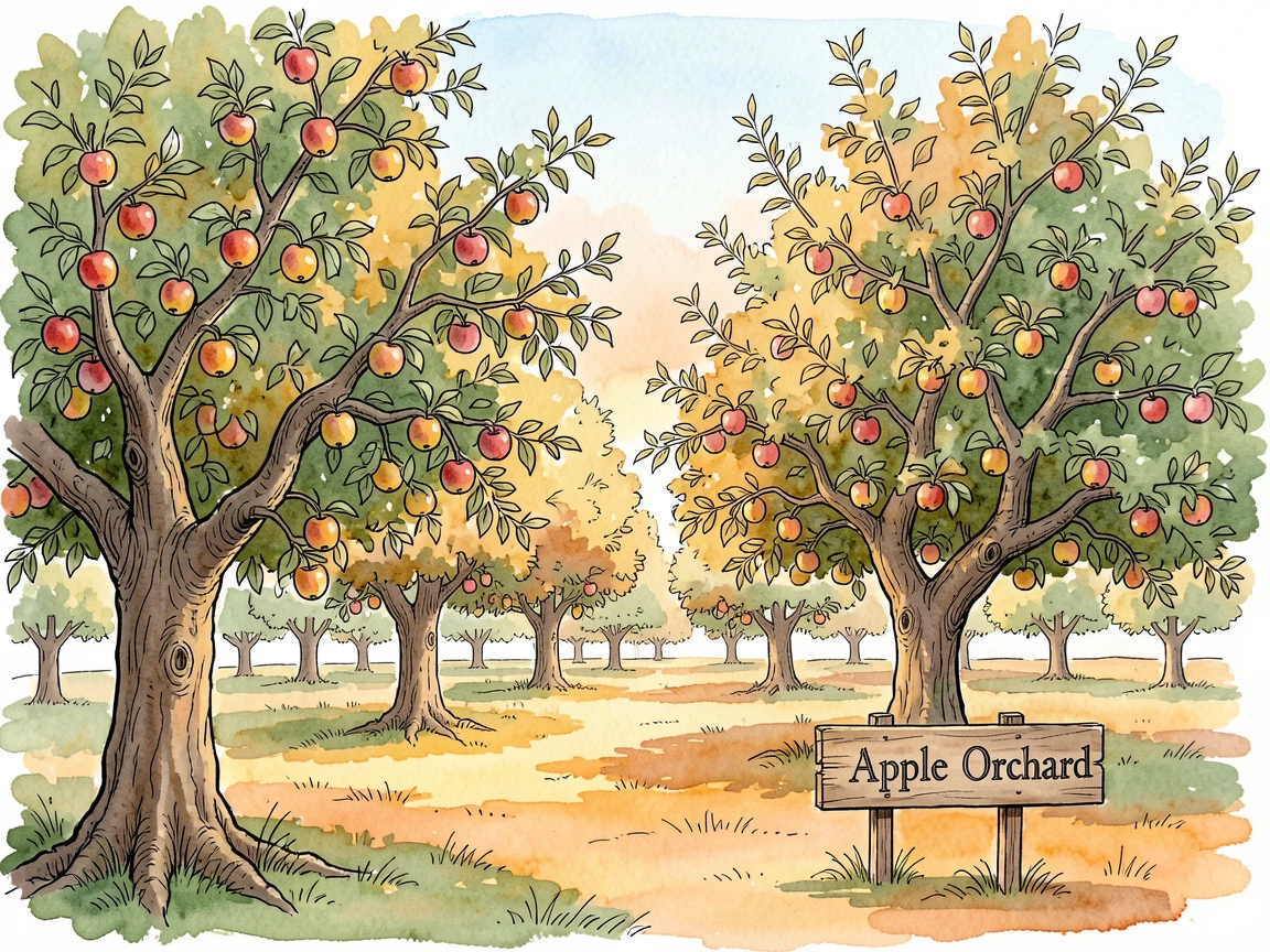 A quiet apple orchard heavy with ripening fruit in late summer, golden light spilling across the landscape at the close of day.