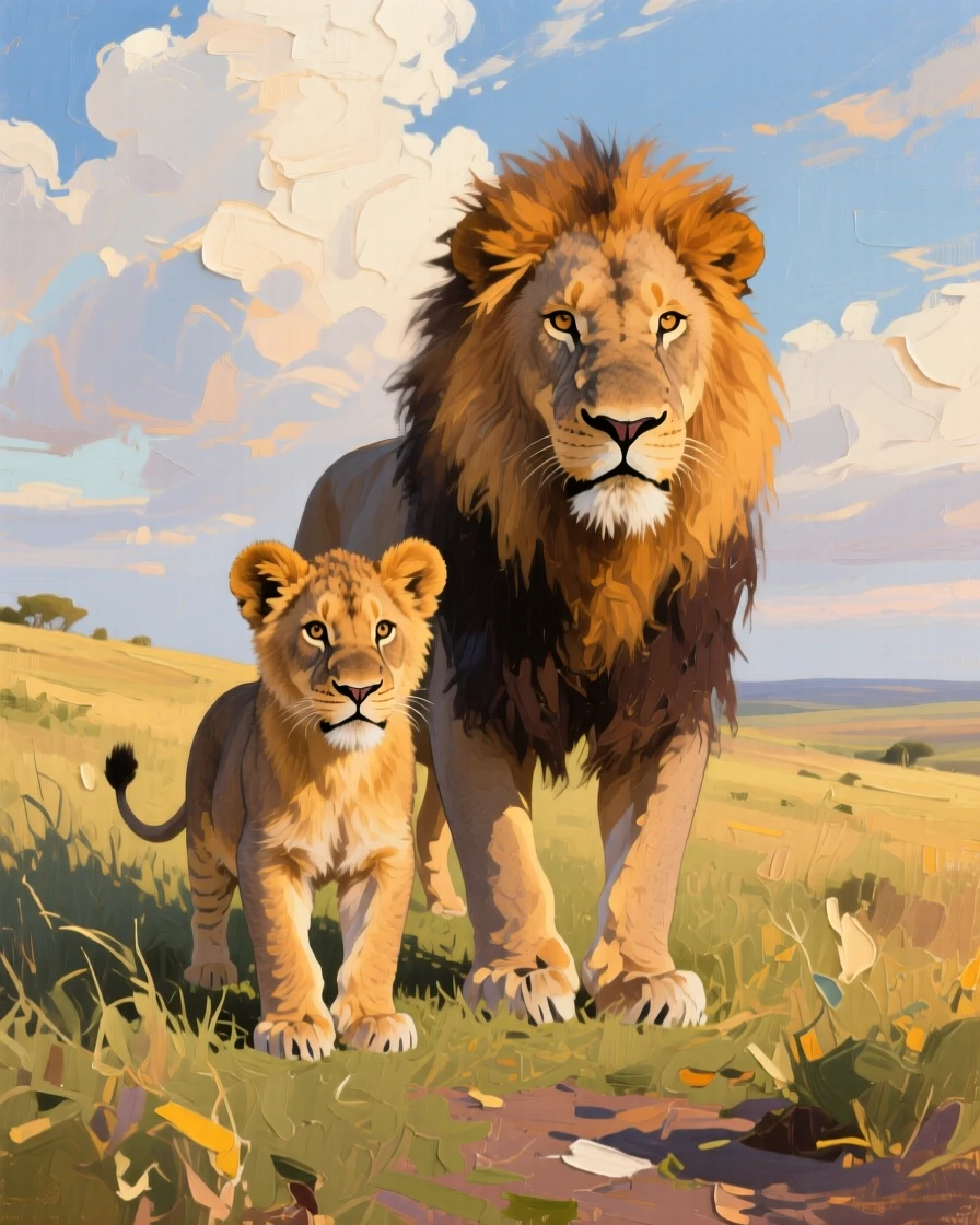 a young lion standing beside its mother, under a vast open sky, from an inviting eye-level viewpoint.