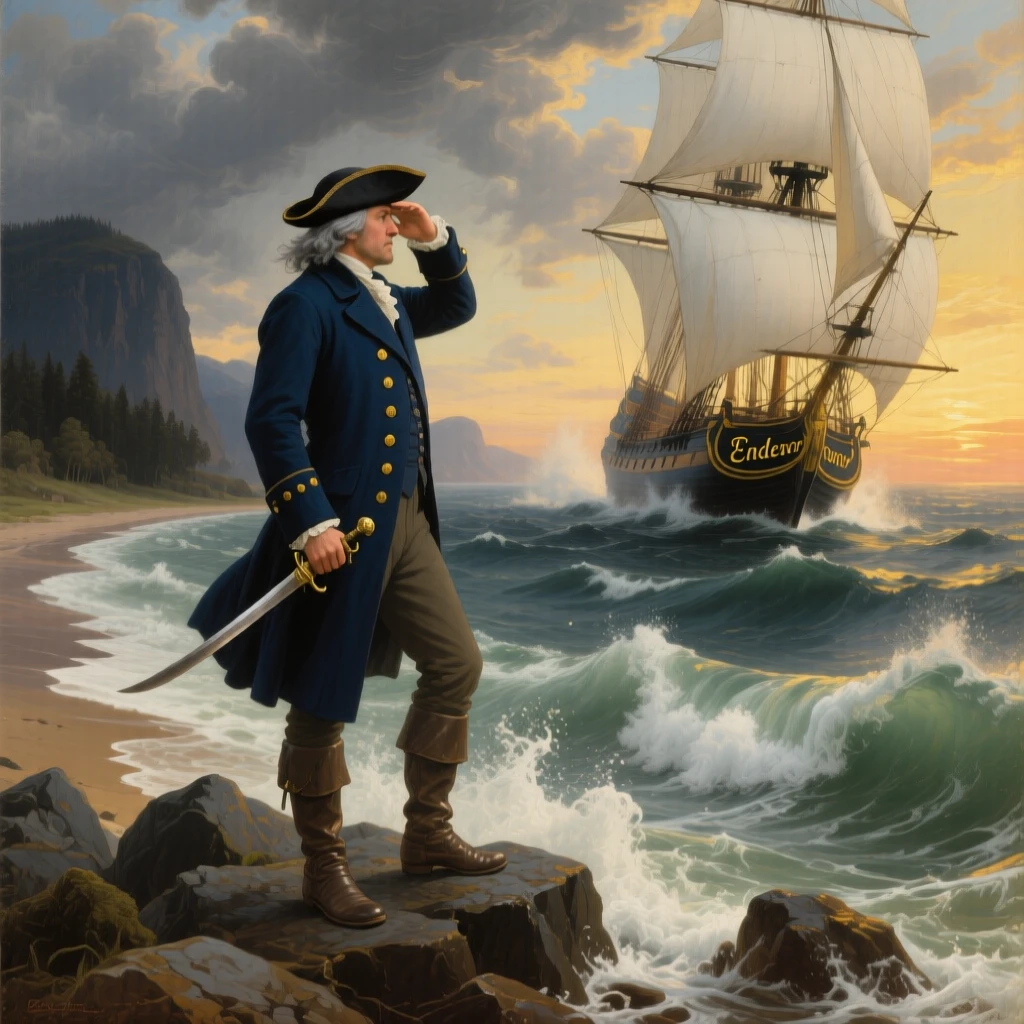 A ship's captain stands upon a stretch of foaming surf as the tide rolls in.