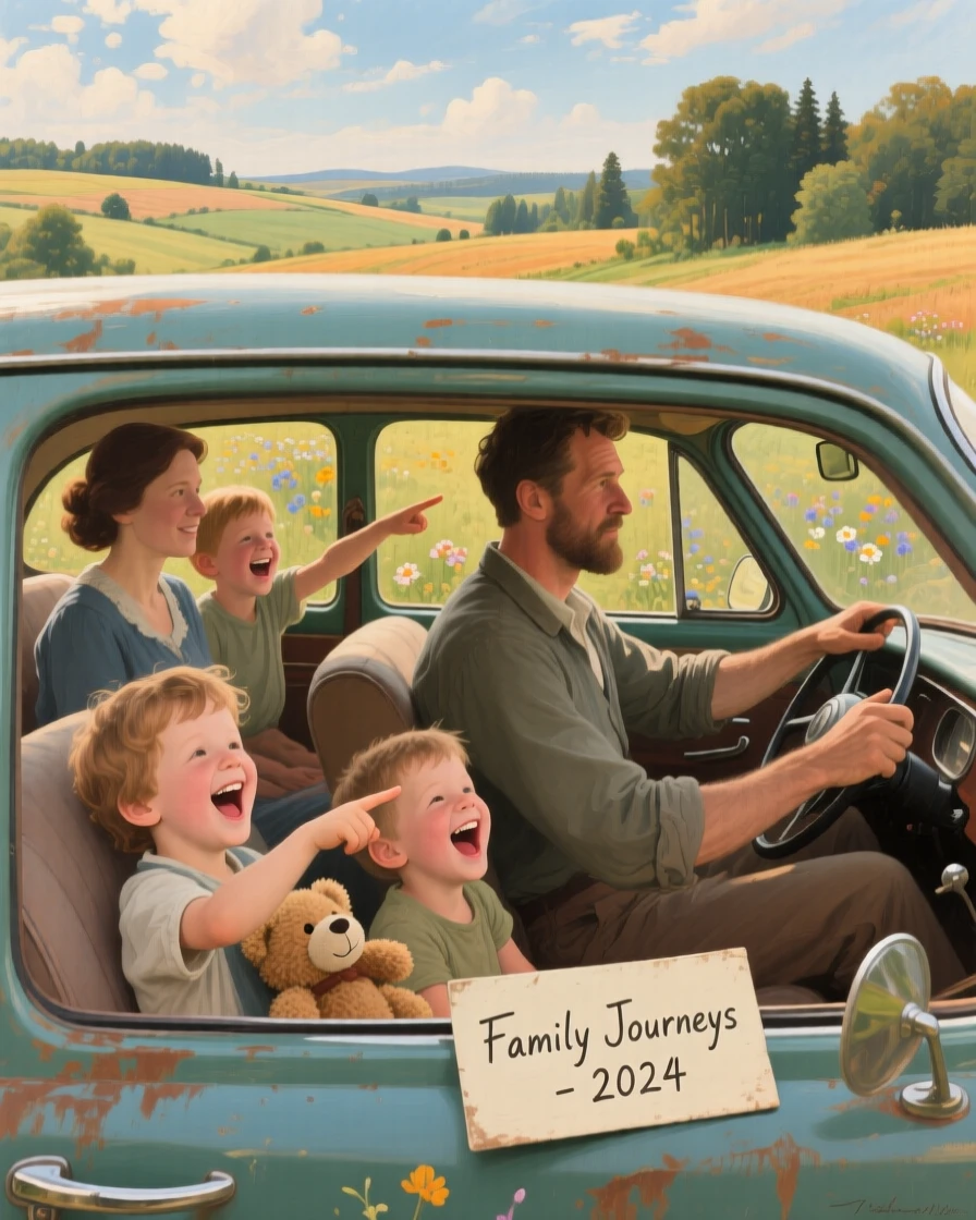 A family road trip with kids laughing in the backseat as scenery rolls by, as laughter and genuine joy fill the entire scene, evoking warmth, nostalgia, and heartfelt connection