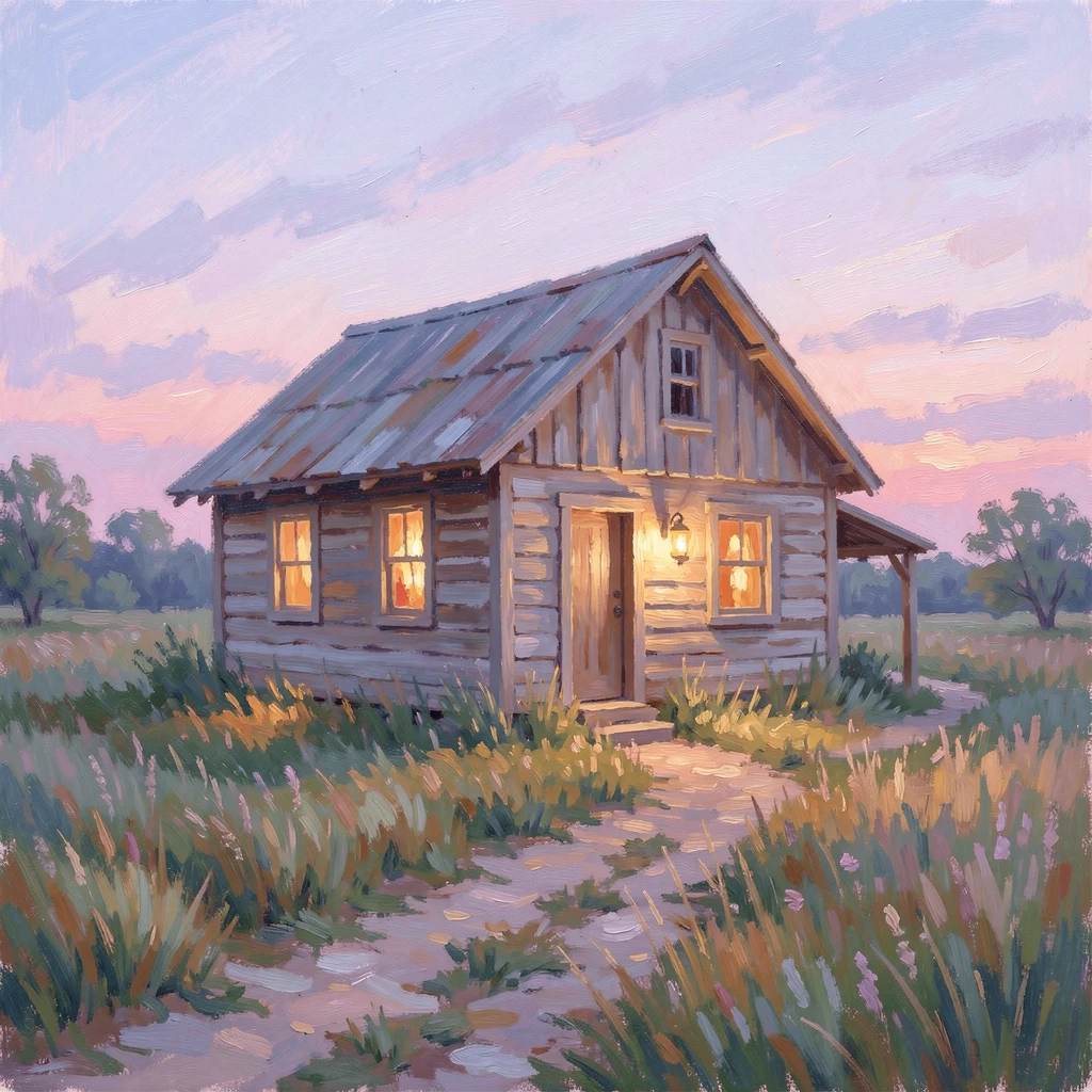 A quiet pioneer homestead at dusk, lantern light glowing in the windows of a small wooden cabin.