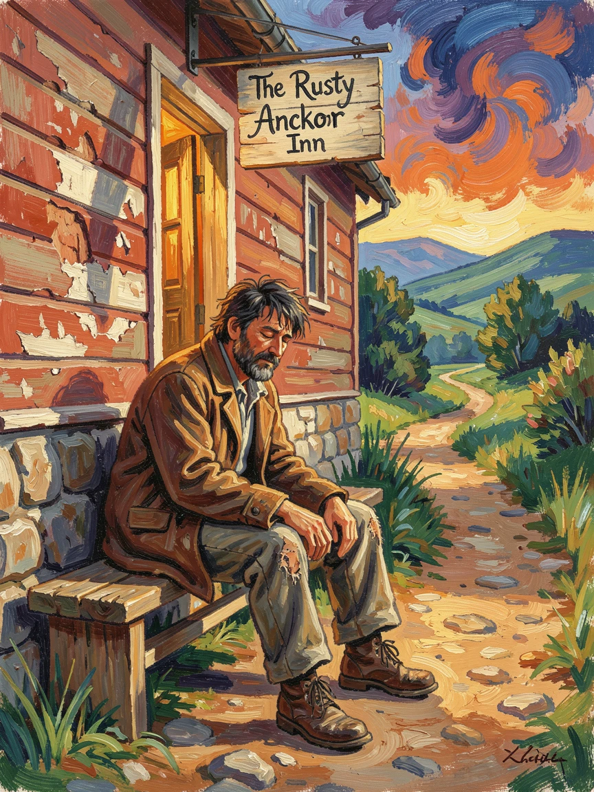 A weary traveler resting at a wayside inn, boots dusty, eyes closed in relief.