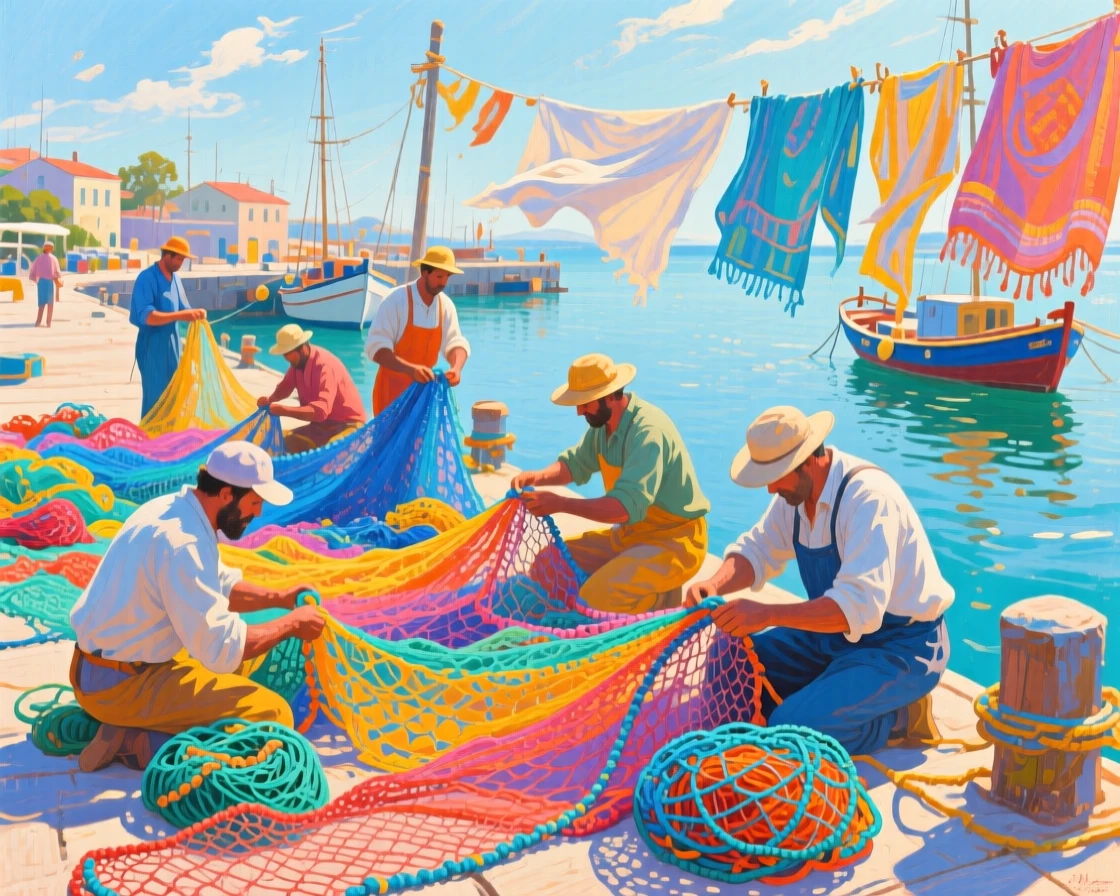 A group of fishermen mending colorful nets spread across a sunlit harbor dock while a light breeze stirs hanging fabric nearby