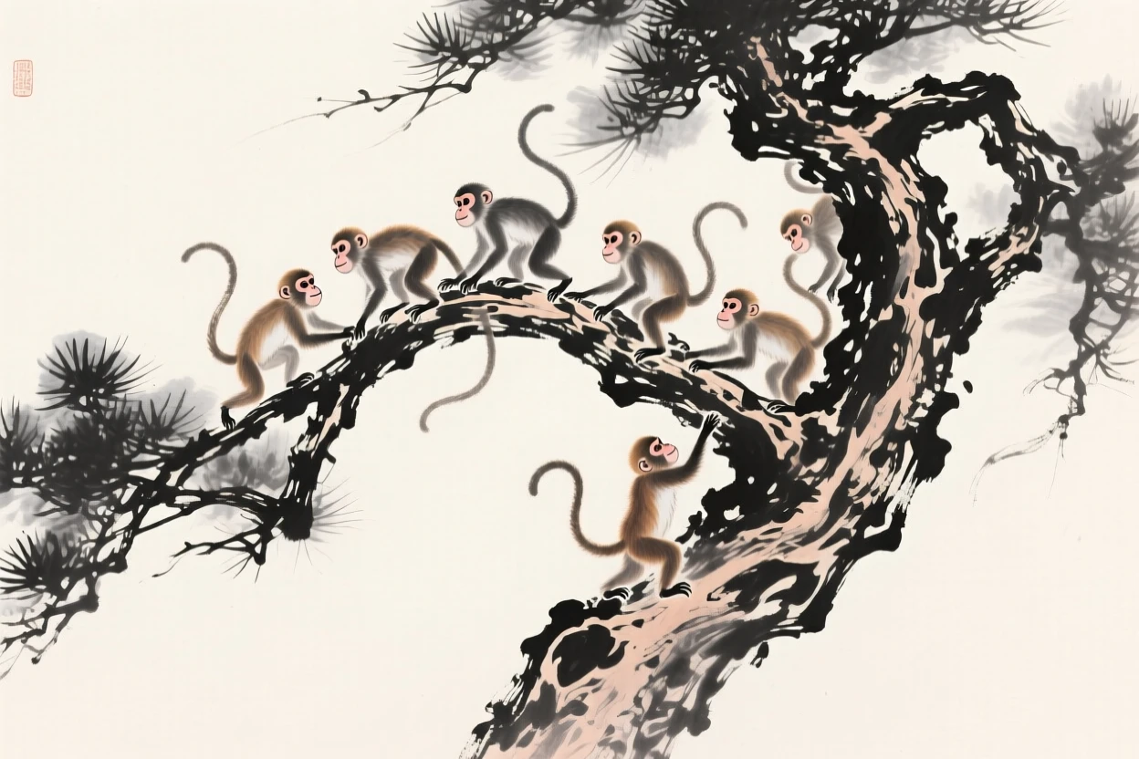A troop of monkeys climbs among the branches of a gnarled pine, as the afternoon sun filters through the trees.