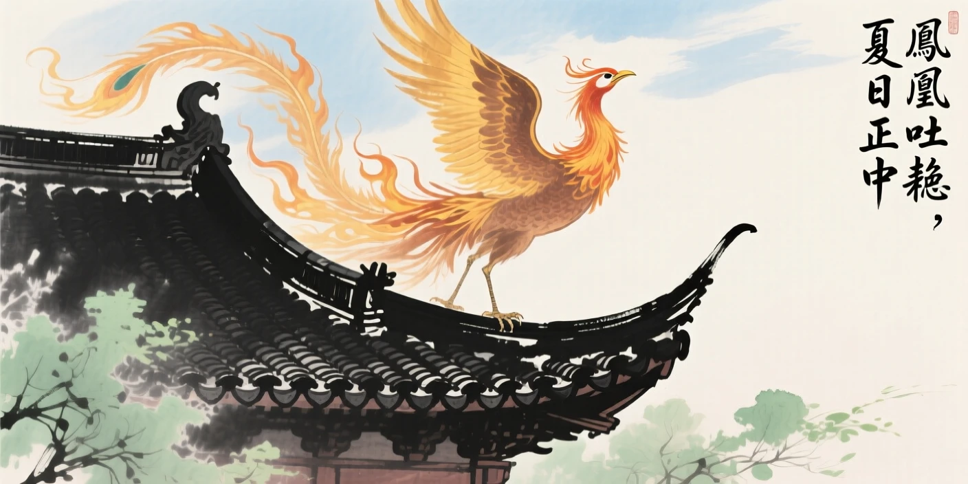 A phoenix rising in flames of golden light above an ancient temple roof, in the height of summer, at midday.