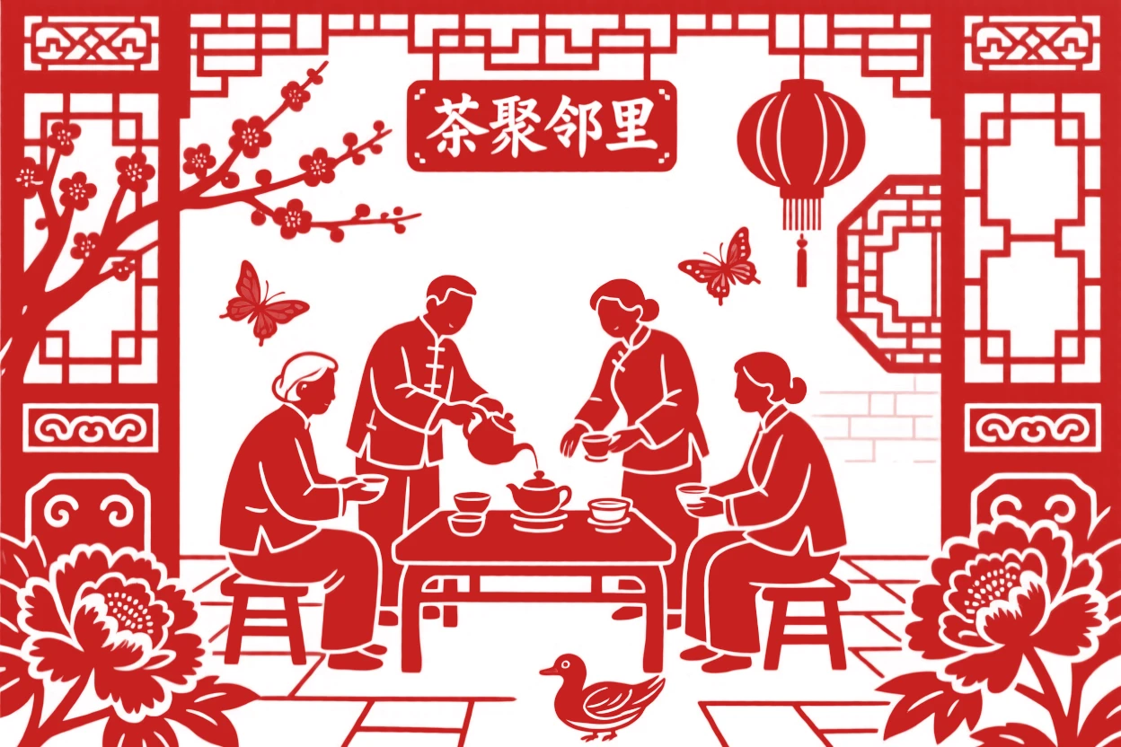 A group of neighbors, preparing tea in a sunlit courtyard, in radiating warmth and everyday tenderness.
