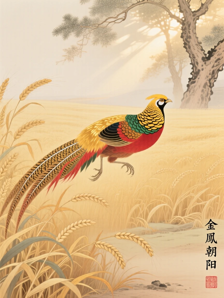 A golden pheasant gliding low over a field of golden wheat, soft morning light filtering through the branches