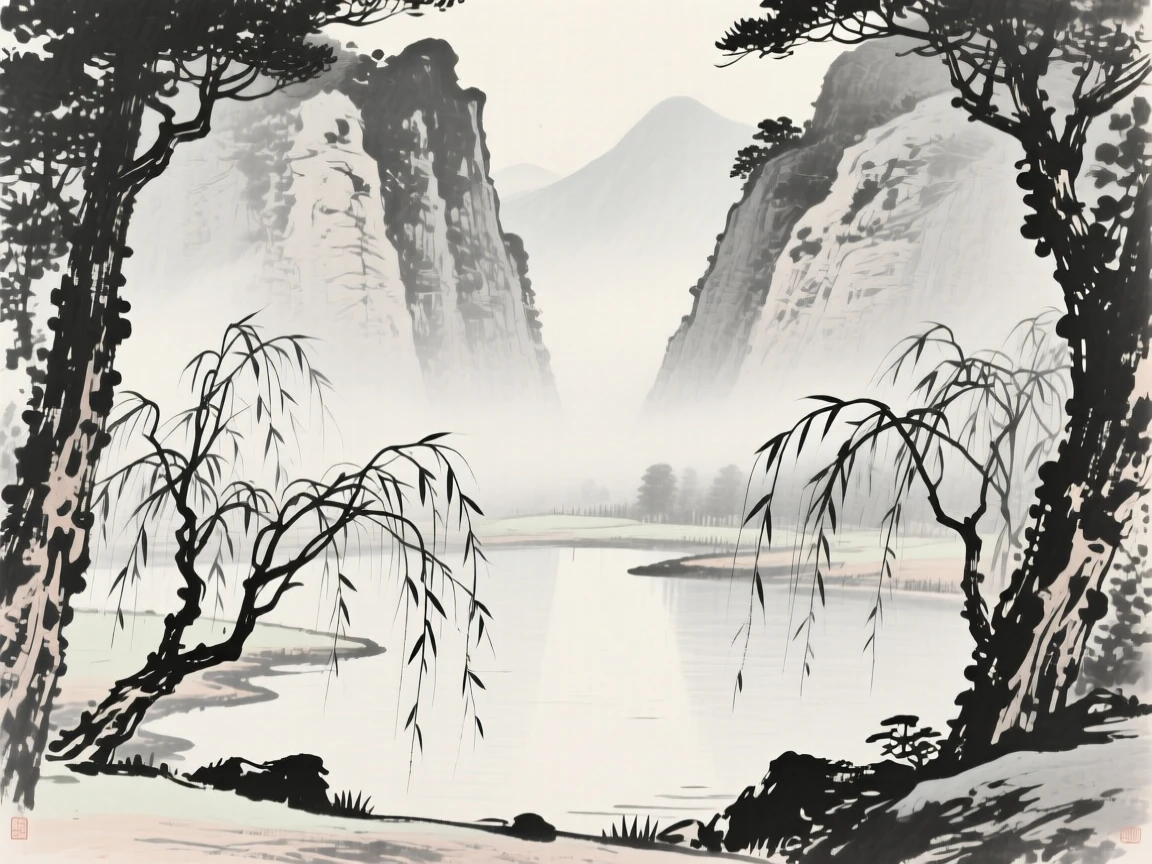 A quiet pond ringed by drooping willow branches beneath towering rock walls softened by haze, framed through a gap in the trees, revealing the valley beyond, capturing a fleeting, serene moment suspended in time.