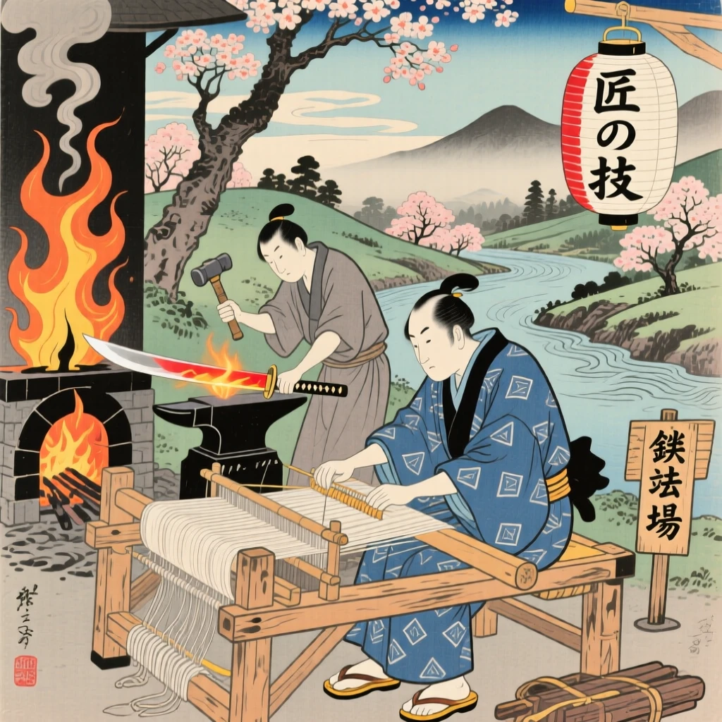 A weaver at a wooden loom hammering a glowing blade at a roaring forge.