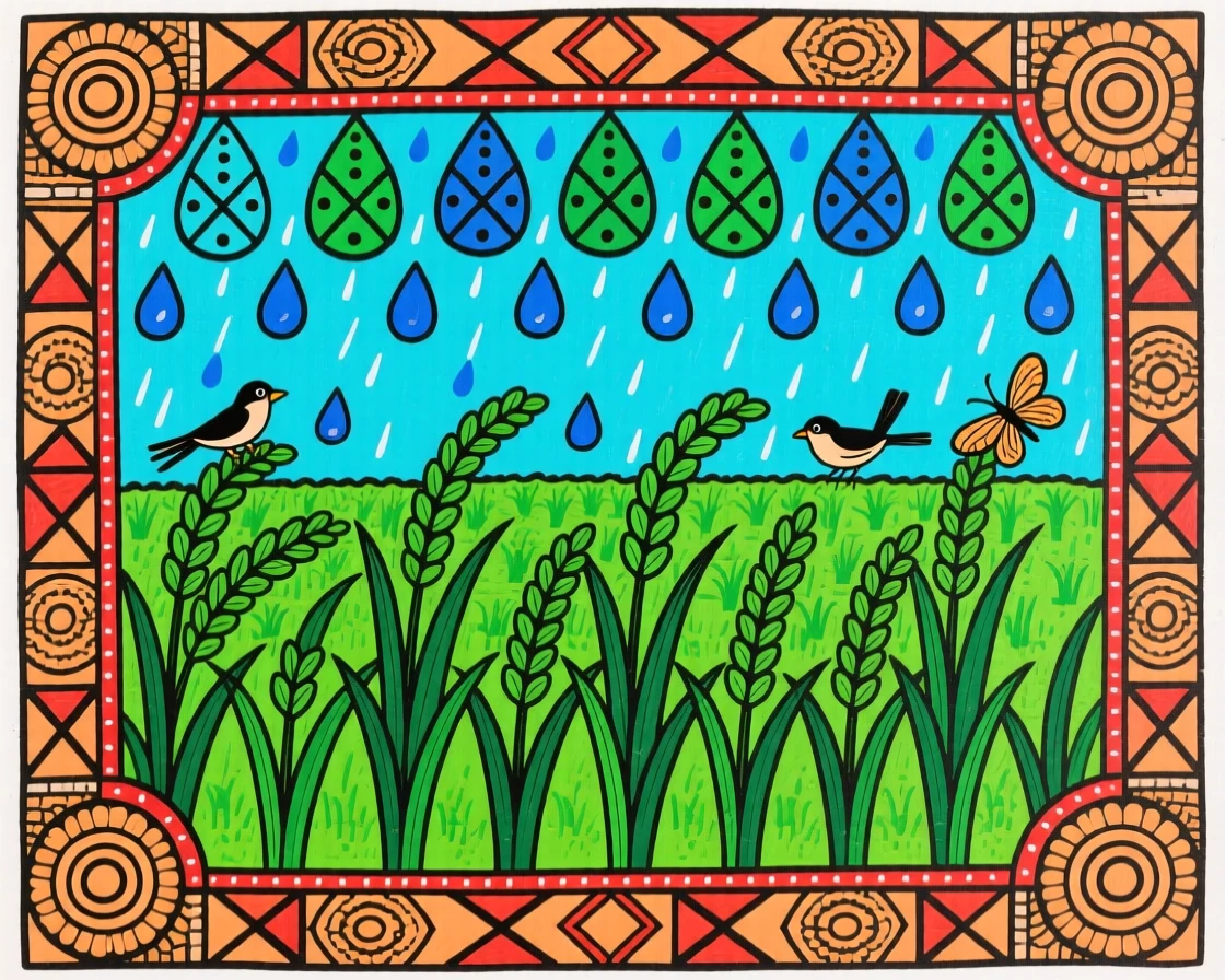 Rain falling gently over a lush green rice field.