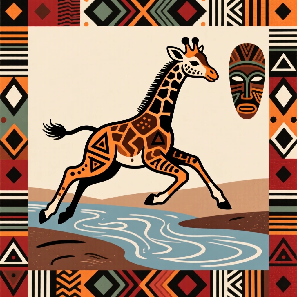 A baby giraffe leaping across a stream.