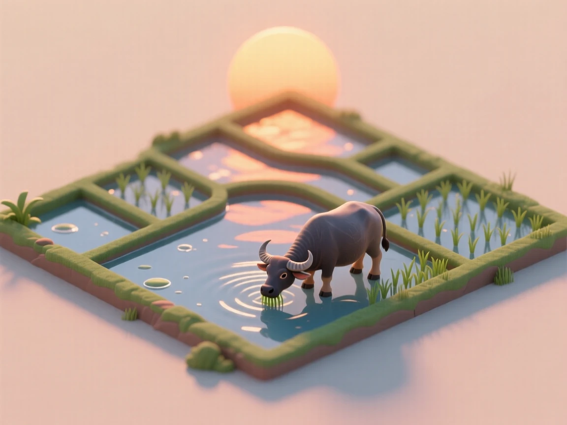 A tranquil rice paddy at sunset, water reflecting the orange sky, and a water buffalo grazing at the edge of the terraced field.