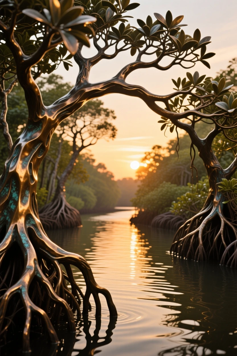A tranquil mangrove channel glowing at golden hour, rendered in vivid, atmospheric detail, offering a breathtaking sense of place