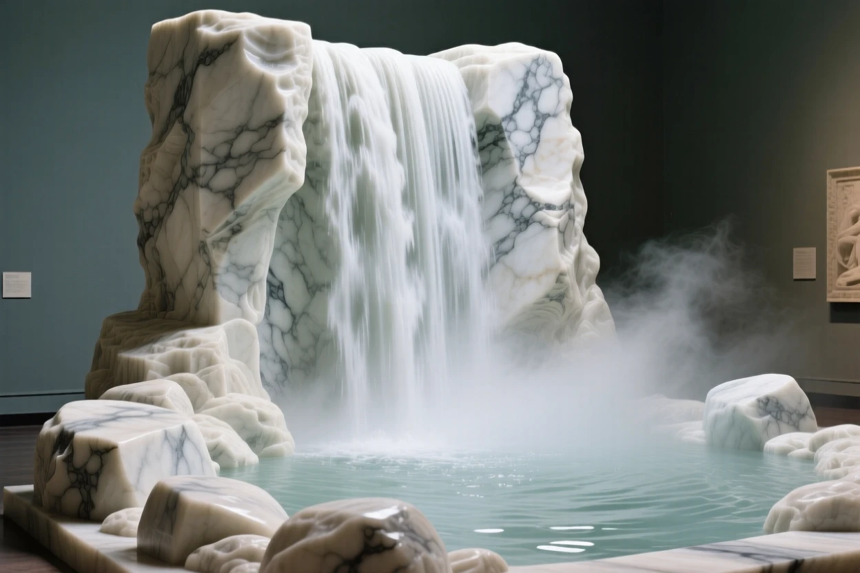 A breathtaking view of a towering waterfall cascading into a misty pool, rich with color and atmosphere, evoking peace and wonder