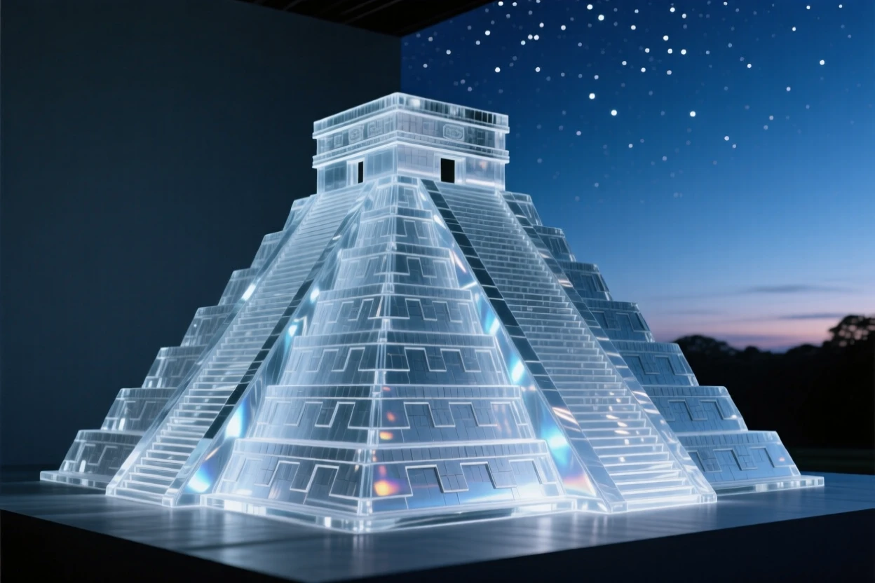 The Chichen Itza pyramid under a starry sky at blue hour with soft ambient lighting beginning to glow, reflections shimmering nearby, evoking timeless elegance.
