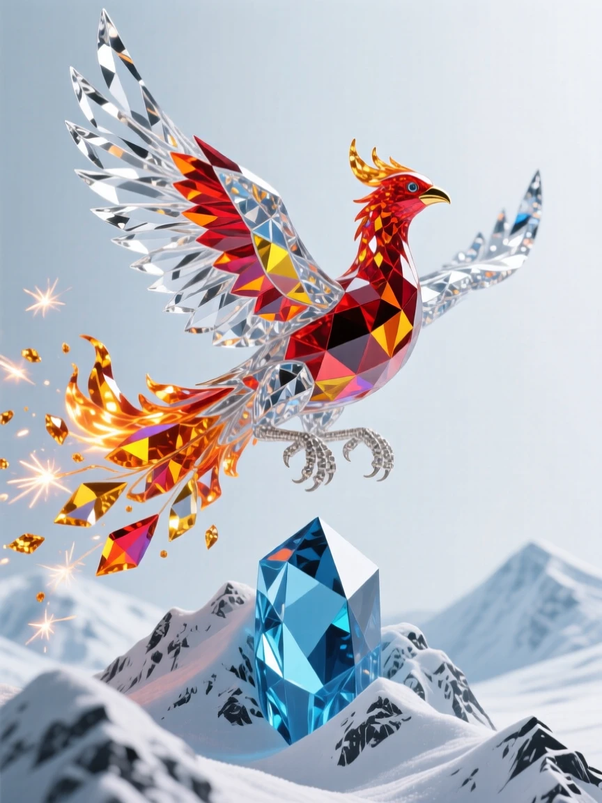 A mythical firebird trailing sparks of flame as it soars over a snowy mountain range.