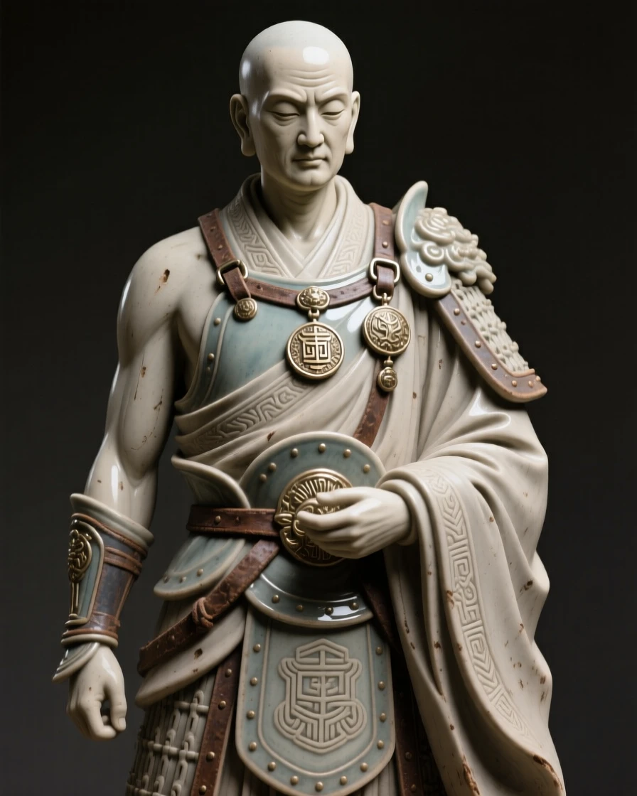 A warrior monk in quiet contemplation standing in a commanding, timeless pose, bearing markings of rank and honor, evoking reverence for ancient tradition.
