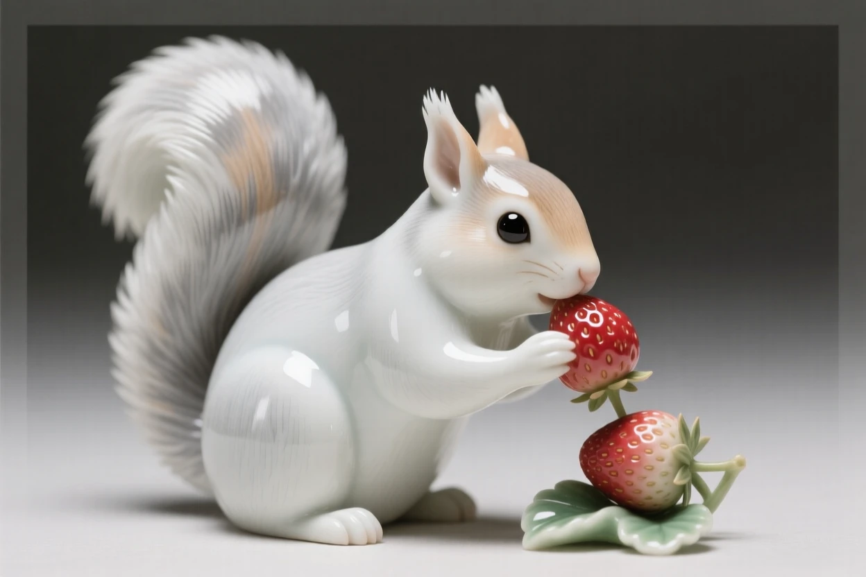 A tiny squirrel nibbling on a wild strawberry, radiating quiet, gentle charm.