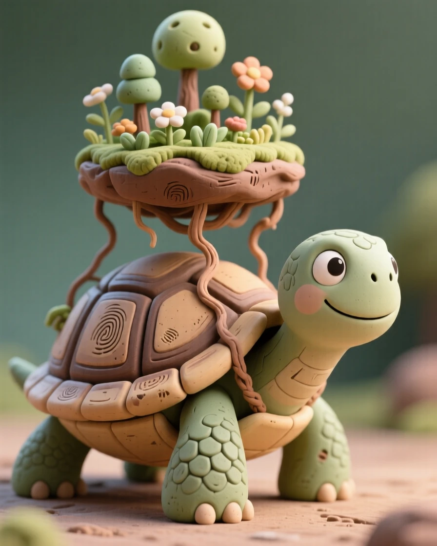 A wise turtle carrying a tiny floating garden on its shell