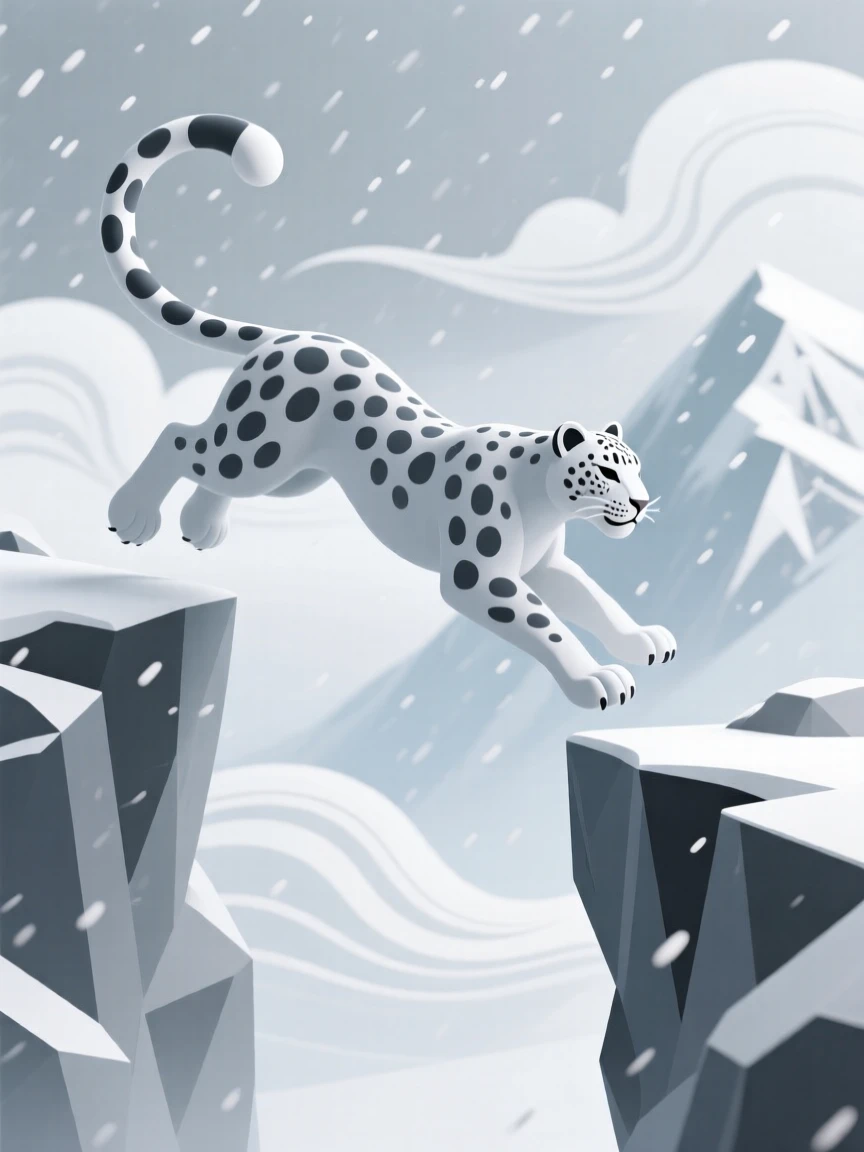 A majestic snow leopard leaps between rocky cliffs, thick spotted fur blending into a Himalayan snowstorm.