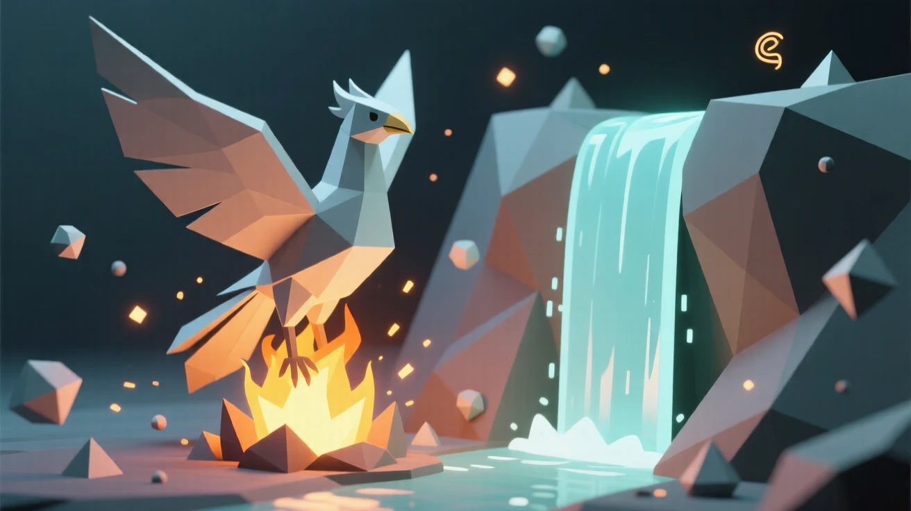A glowing phoenix rising from a burst of flame, beside a waterfall that glows with soft light. swirling particles of light drift through the air. The mood is mysterious yet inviting.