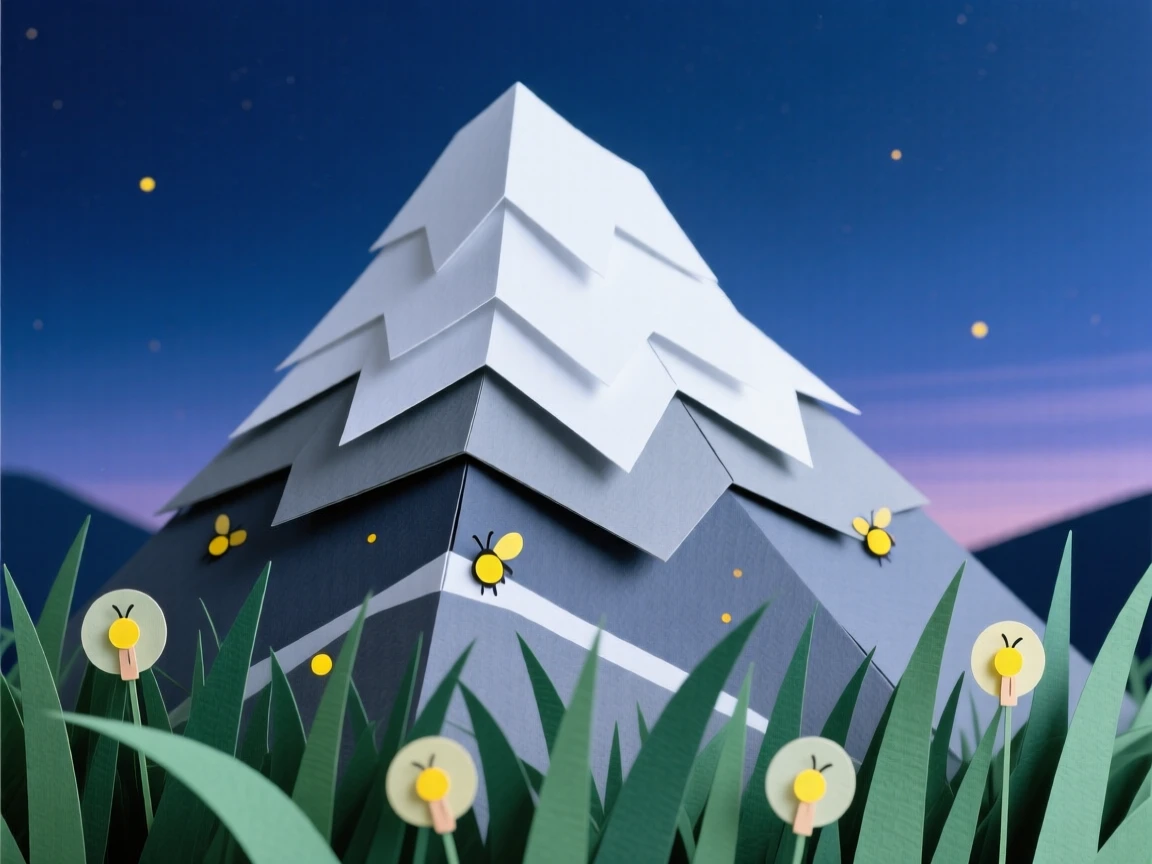 A snow-capped mountain peak in the deep blue hour after dusk, with fireflies glowing softly in the grass, capturing raw natural grandeur and scale.