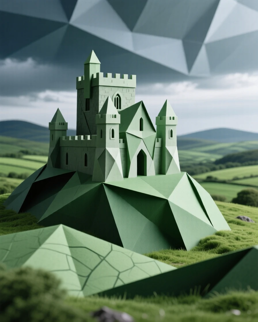 The Rock of Cashel rising above the green Irish countryside under a moody sky.