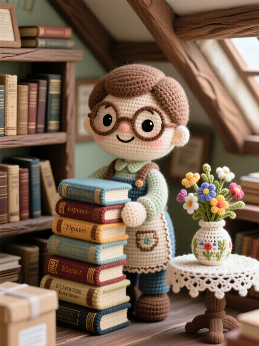 a cheerful bookshop owner, with glasses perched on the nose, stacking a fresh delivery of storybooks, in a snug attic study filled with old books, with a small vase of wildflowers on the table nearby, conveying gentle pride in a job done with care.