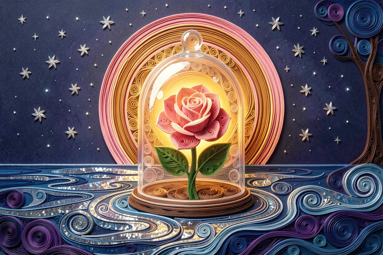 an enchanted rose glowing beneath a bell jar, on the shore of a starlit magical lake, centered with radiant light emanating outward, with shimmering starlight reflected on every surface.