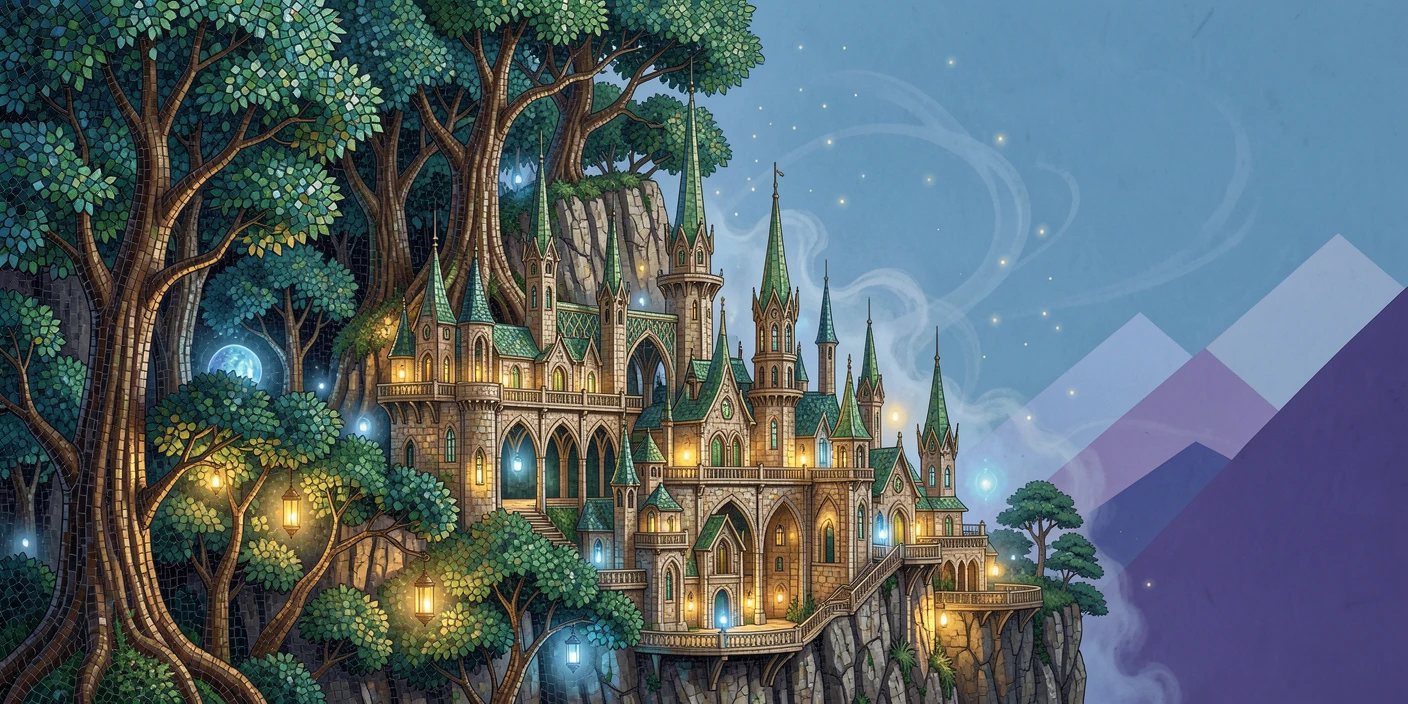 An ancient elven city built into a towering cliffside forest, rendered with dramatic magical lighting and rich atmospheric detail.