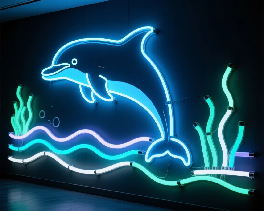 A wide environmental shot of a dolphin standing in its natural habitat.