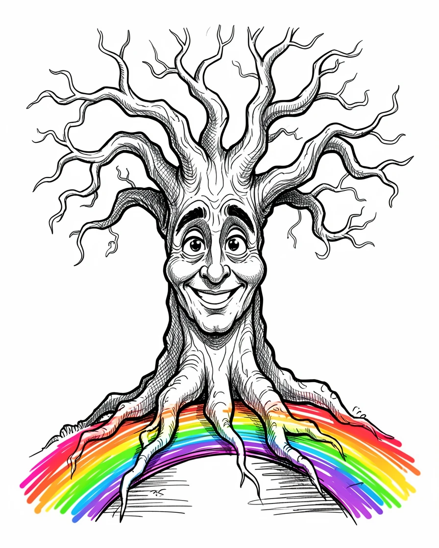 A wise old tree with a face carved into its bark on a bridge made of rainbow light.