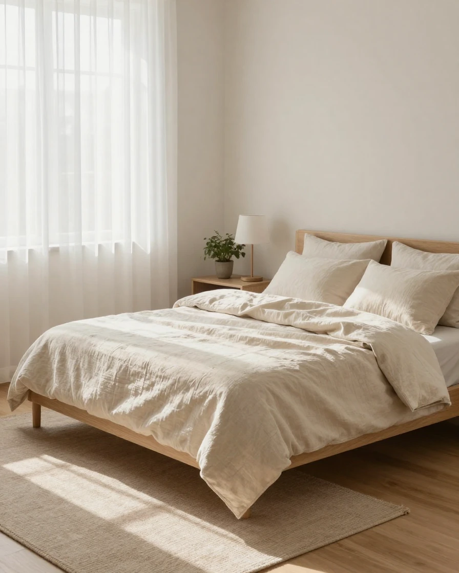 A minimalist bedroom with soft linen bedding and morning light