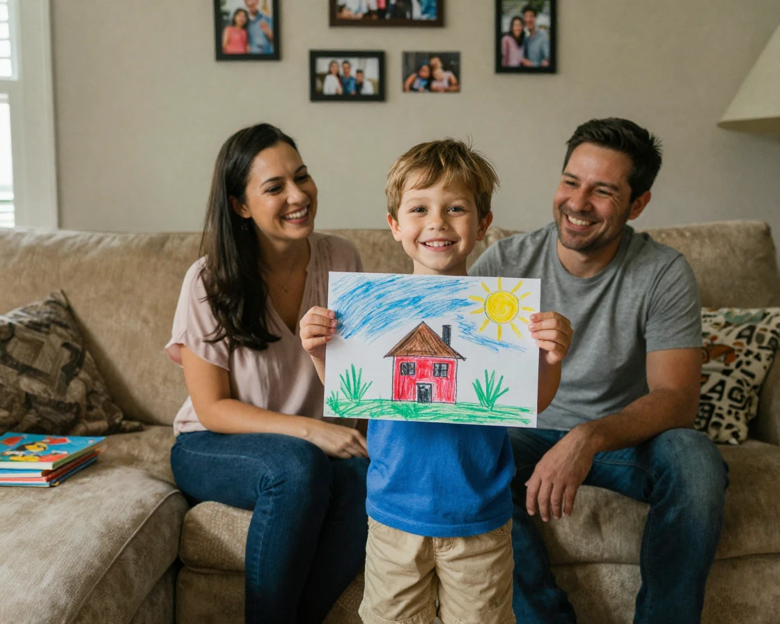 A young boy presents a crayon drawing proudly to his beaming parents.