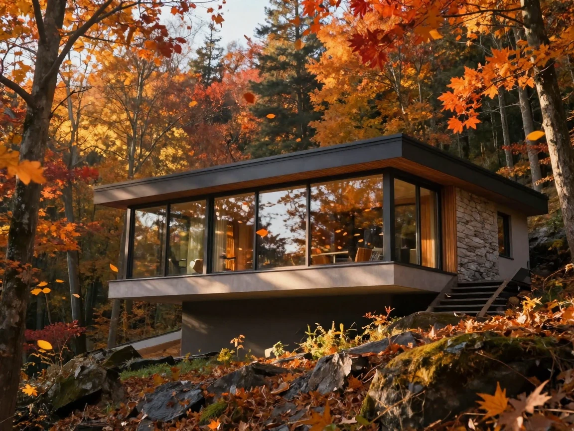 A modern home built into the side of a forested hill while autumn leaves drift past the windows